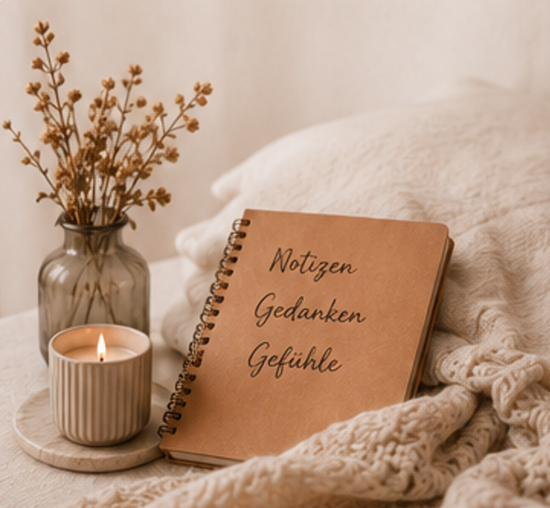 Notizbuch mit den Worten Notizen, Gedanken und Gefühle neben einer Kerze
